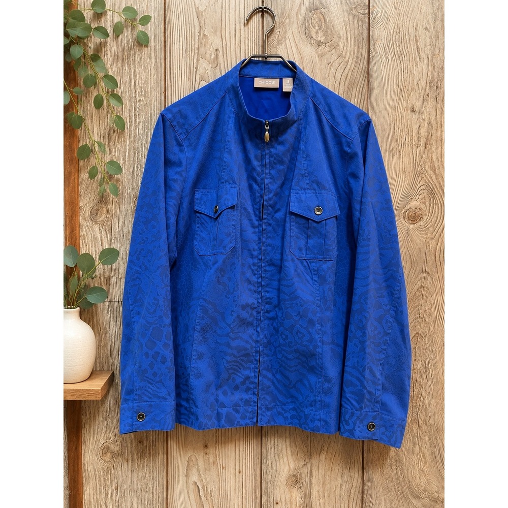Chico's Royal Blue Animal Print Full Zip Faux Suede Feel Jacket Size 3 Large XL